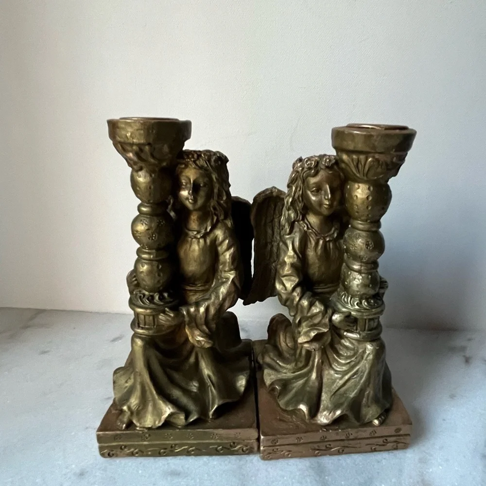 Classics Pair Vintage Angels Carved Candlestick Holders